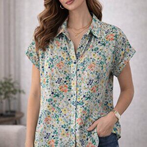 Style & Co Floral Button Up Blouse Short Sleeve Sz M Casual Cotton Work